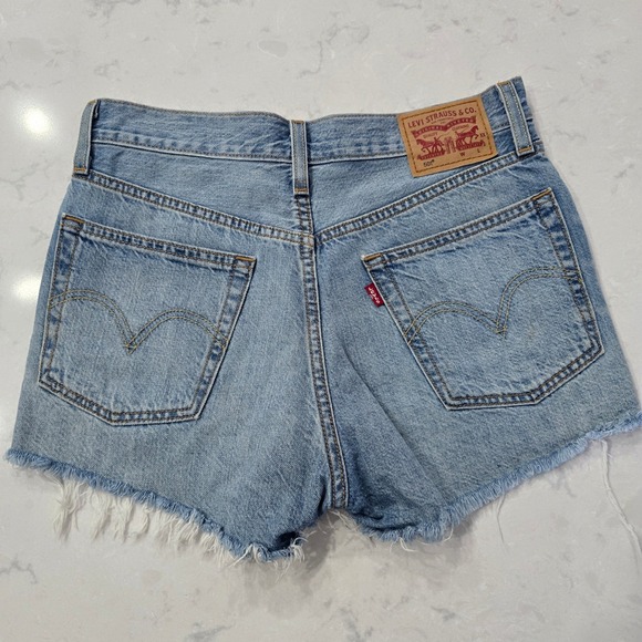 Levis 501 Original Womens Light Wash Distressed Cut Off Denim Shorts Patched - Picture 6 of 9